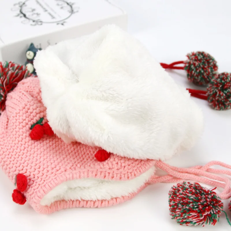 Cheery Knit Baby Hat Warm Velvet Winter For Girls Ear Protect Lace Up Beanie Pompom Cute Toddler Girl Clothing | Детская одежда и