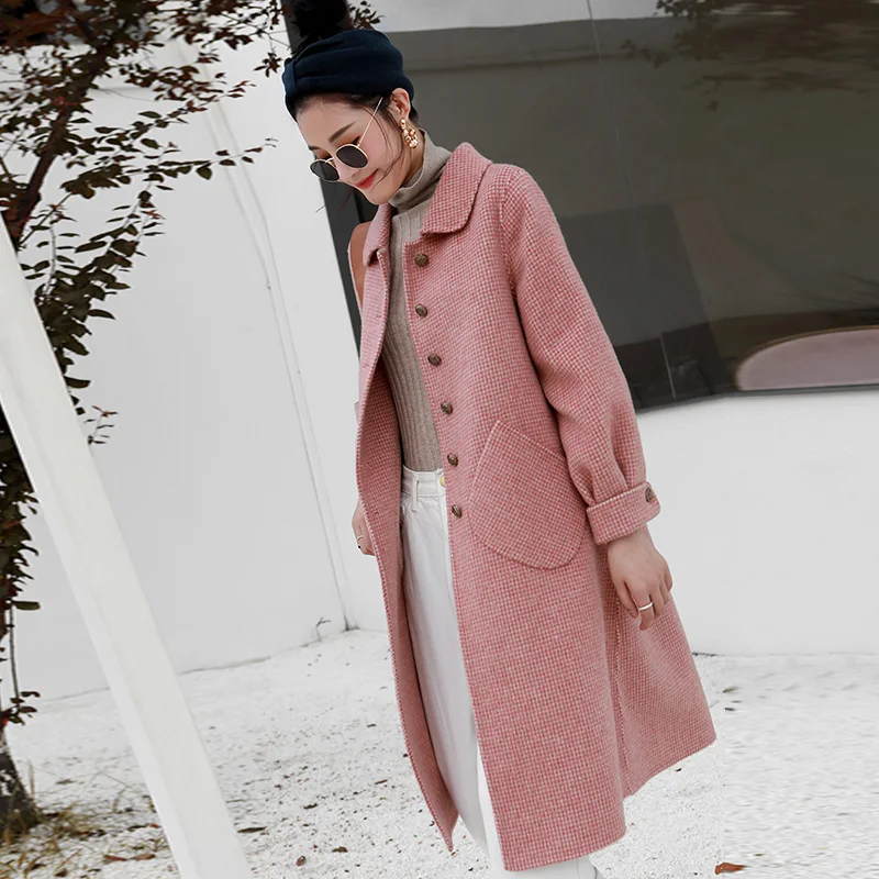 KMETRAM Double-faced Wool Jacket Woman Coats Winter 2020 Autumn Korean Pink Plaid Long Woolen Coat Manteau Femme Hiver ZL1008 | Женская