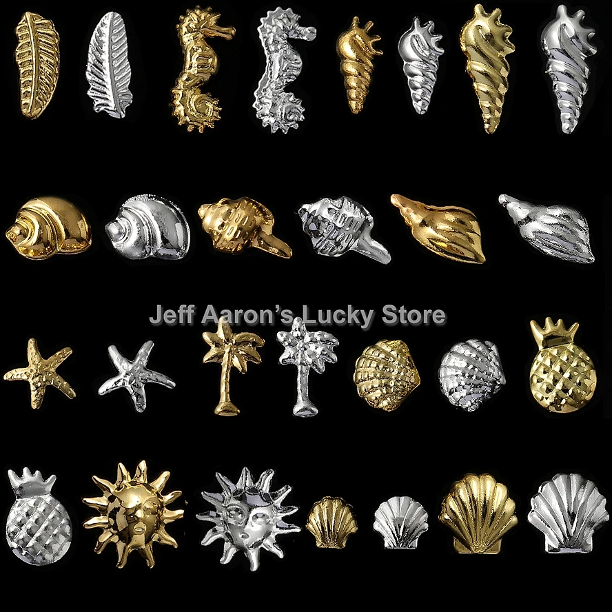 

100PCS Gold Silver Metal 3D Nail Art Decorations Ocean Seashell Starfish Feather Metallic Studs Rivets DIY Manicure Accessories