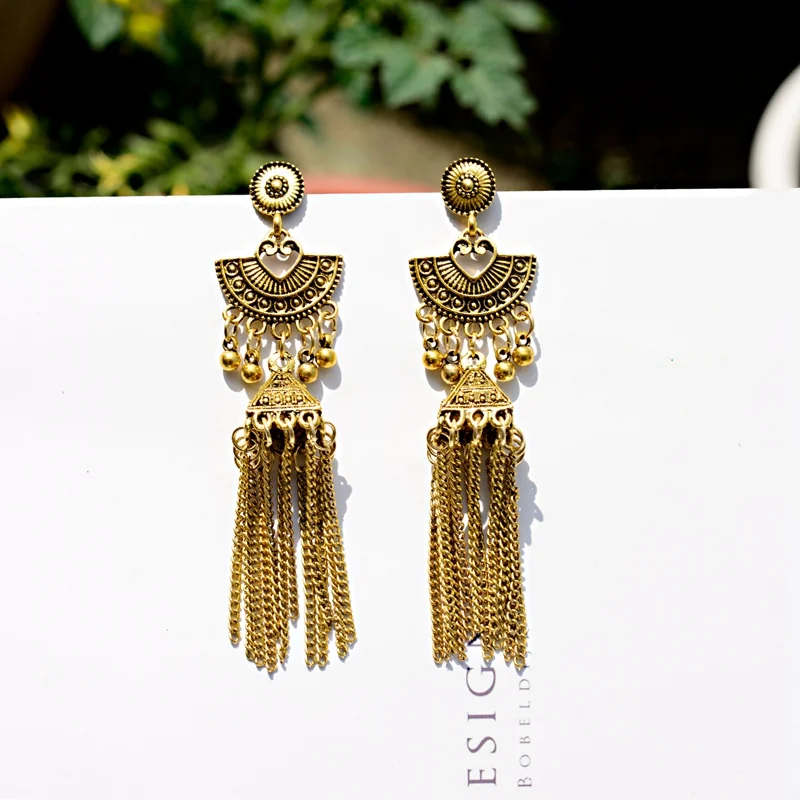 Классические женские Jhumka Jhumki золотые индийские серьги Модные ювелирные изделия богемский Цыганский Длинное украшение с кисточкой Афган Египетский турецкий