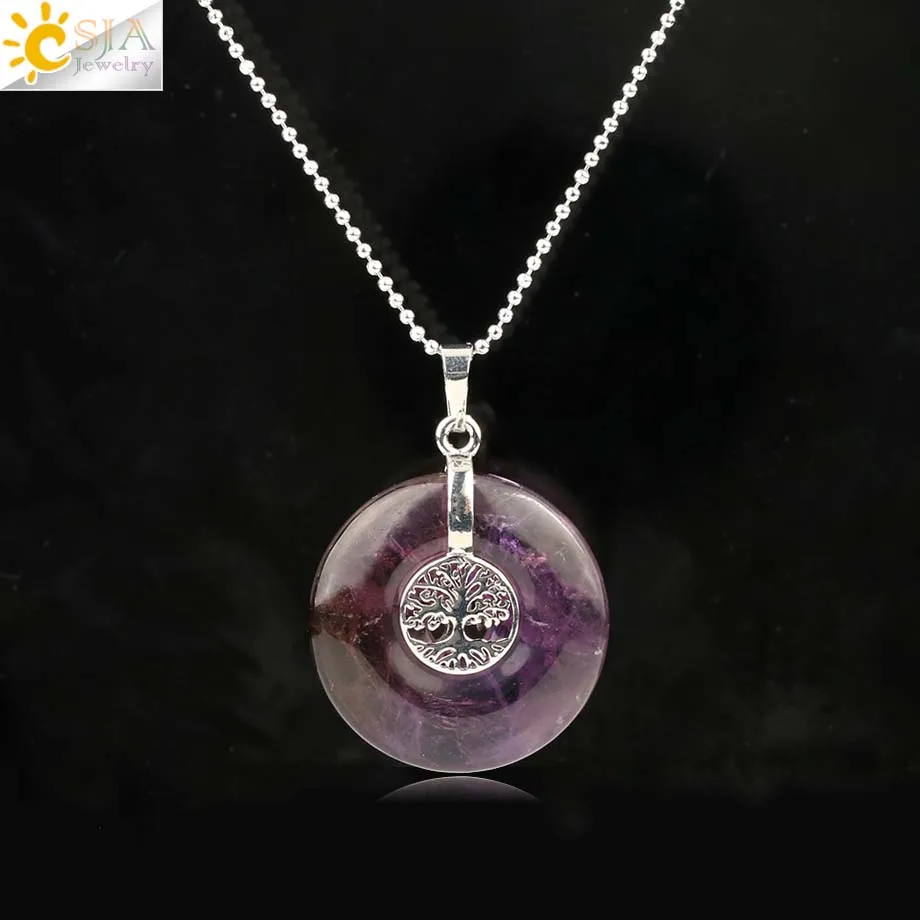 Amethyst Chain Csja Древо жизни Подвески натуральный кристалл полый круглый камень «reiki» энергии мудрость деревья Для женщин Для мужчин Подвески Ожерелья G146 - Окраска металла: Amethyst Chain