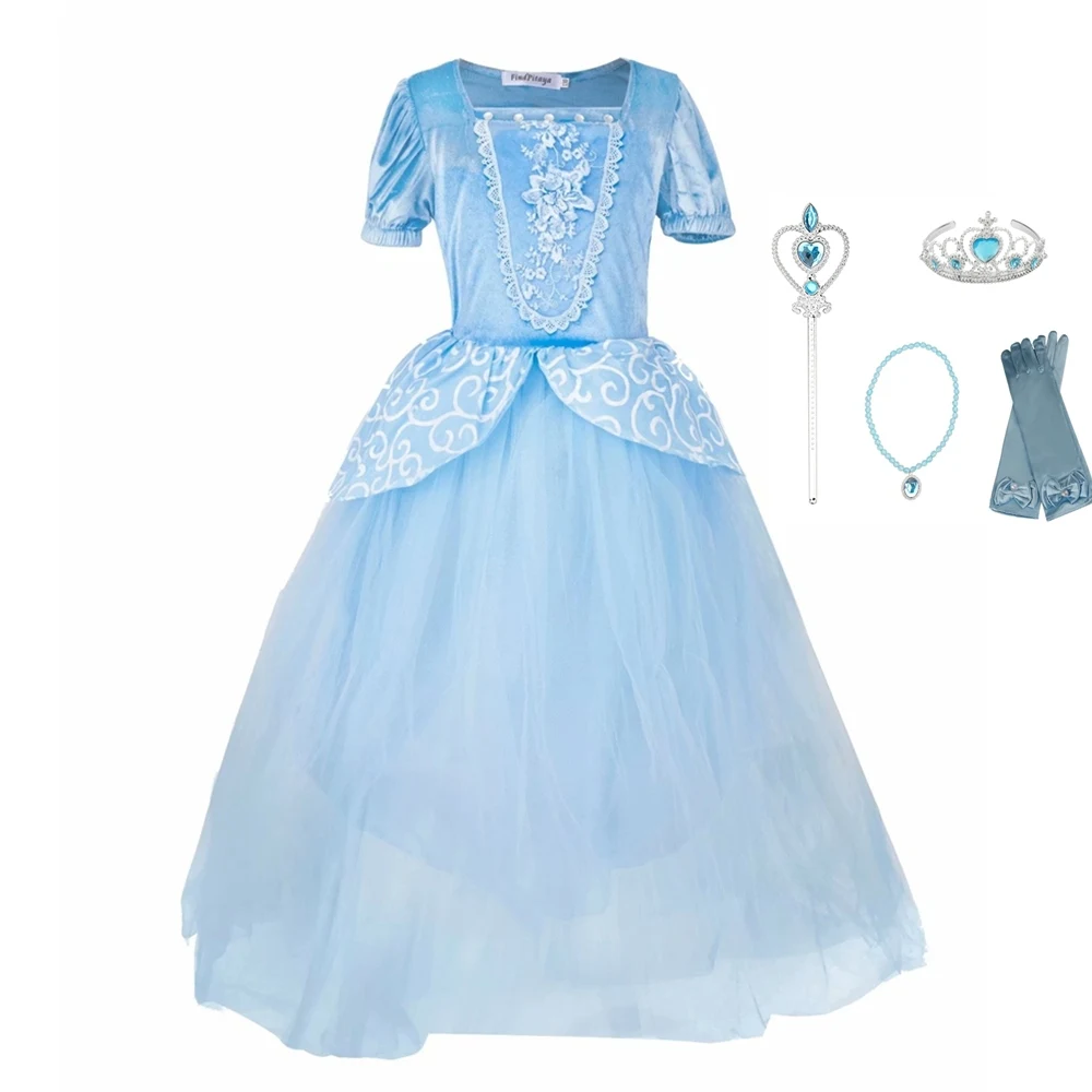 Cinderella 1 set FINDPITAYA девочки Белль платья Летнее платье принцессы Красота и с рисунком из мультфильма «Красавица и Чудовище» Косплэй костюм вечернее изящное платье с оборкой по низу с пятью АКС - Цвет: Cinderella 1 set