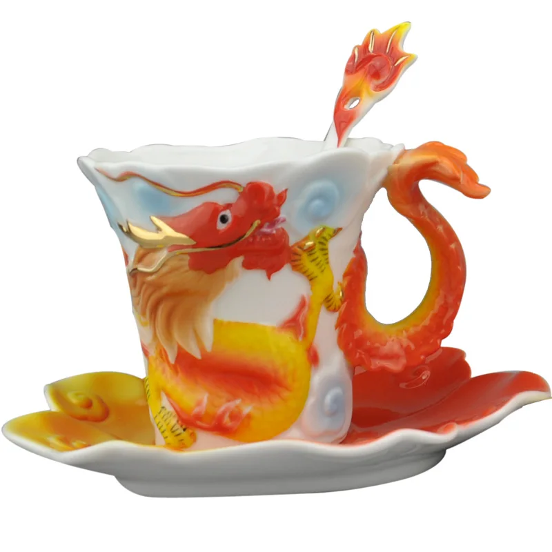 Креативная керамическая кофейная чашка 3D Dragon phoenix craft пара чашек с блюдцем ложка