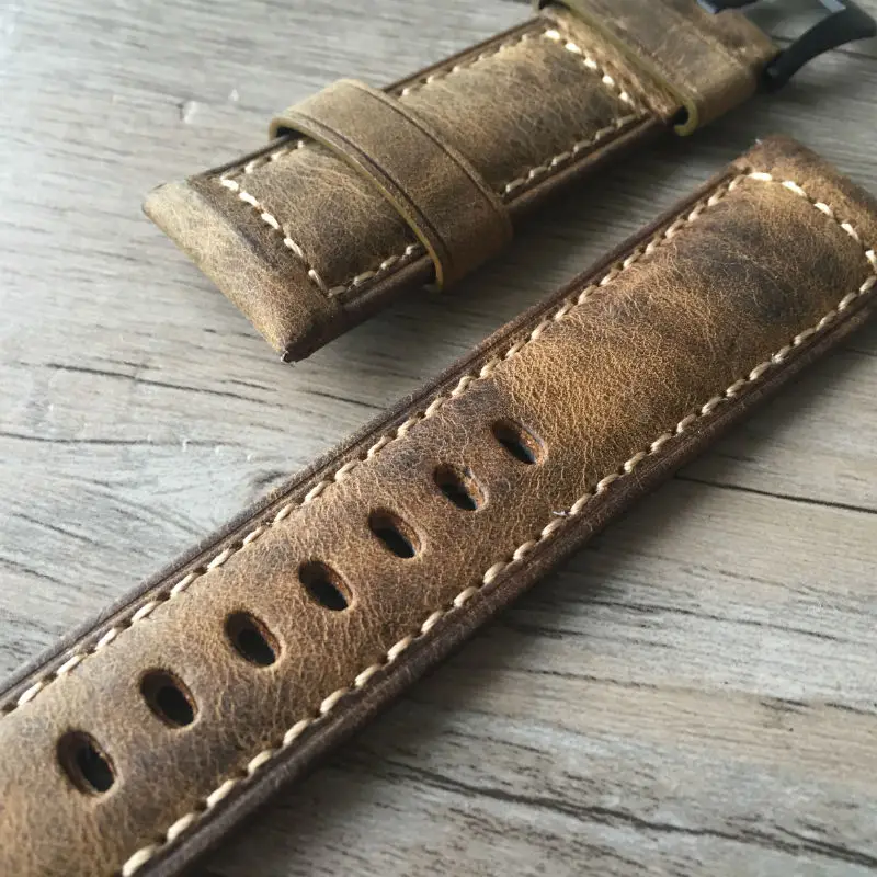 MERJUST 22mm 24mm Italy Brown Crazy Horse Genuine Leather Watchband Wristband For PAM PAM111 PAM441 Big Pilot Watch Strap