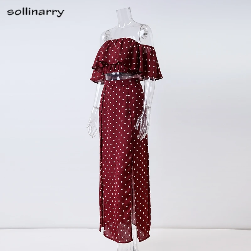 Sollinarry Polk Dot красное женское длинное платье с открытыми плечами шифоновое винтажное повседневное летнее макси платье с рюшами сексуальные платья в стиле бохо Vestidos