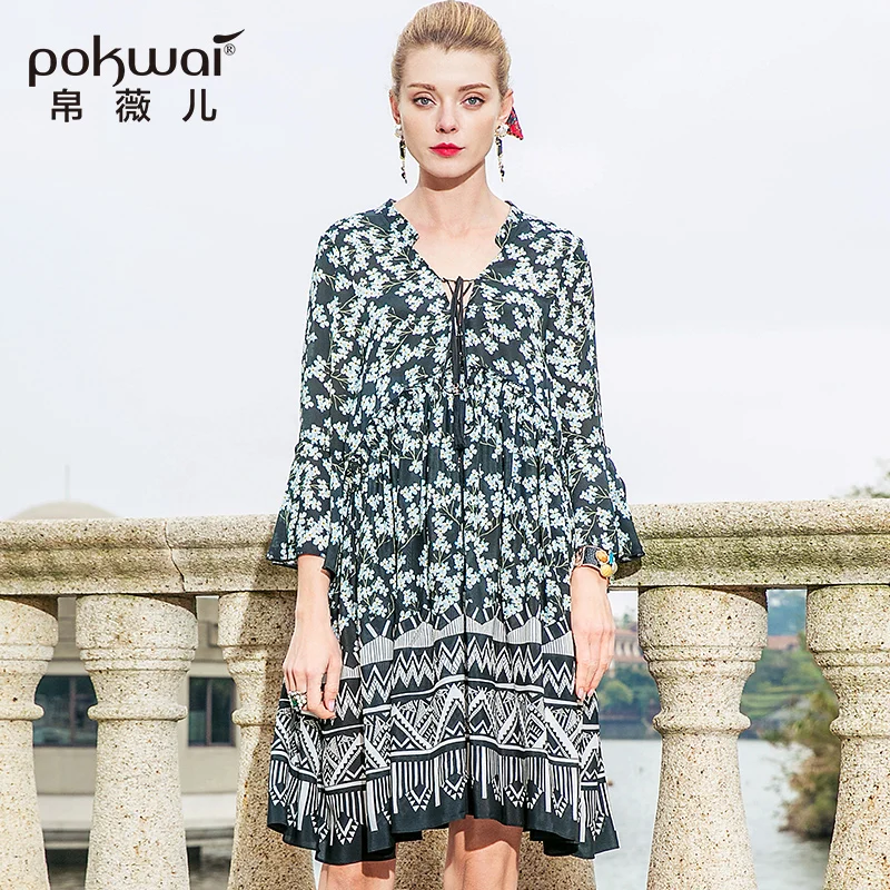 POKWAI миди повседневное цветочное женское Летнее шелковое платье новая мода
