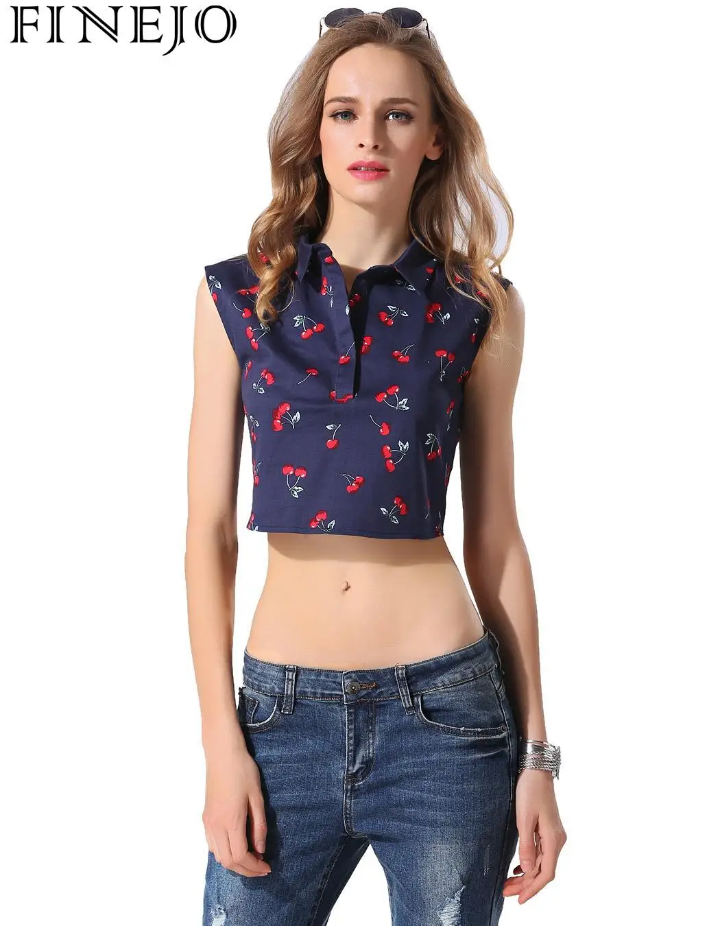 FINEJO Sleeveless Shirts Print Blouse Top Fashion Ladies Crop Women |