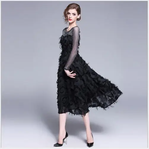 Женское платье 2019 Новое весеннее с круглым вырезом длинным рукавом