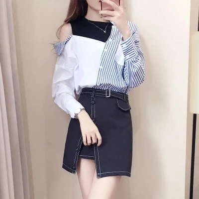 Women suit New personality striped shirt with small incense wind skirt female summer high-end two-piece Skirt Suits |