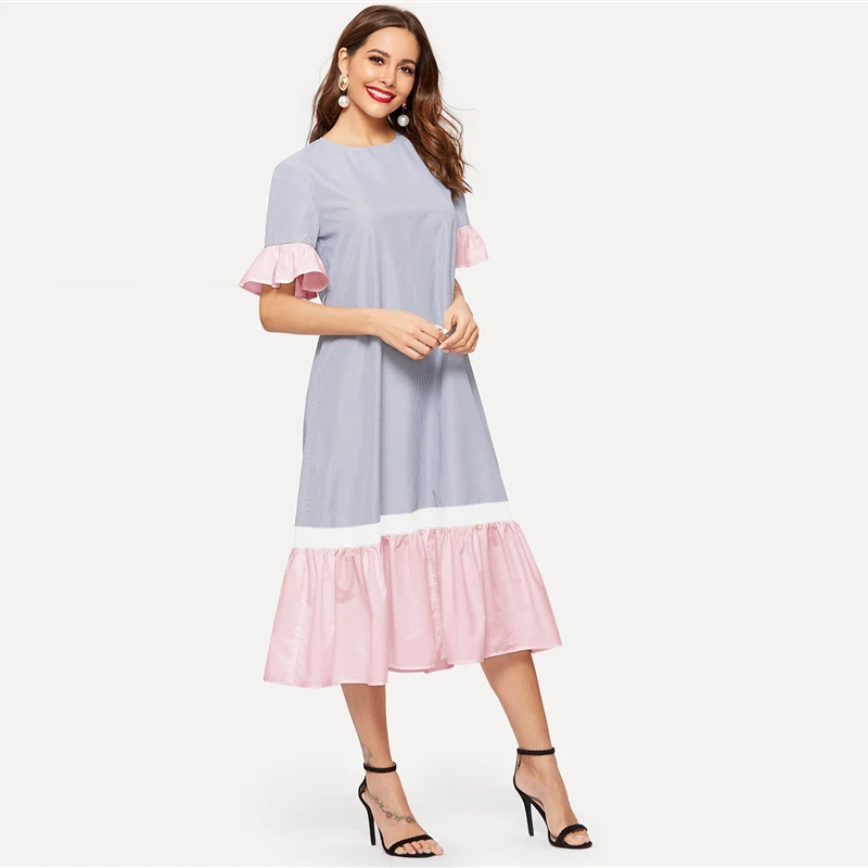 SHEIN модное платье в полоску с оборкой и цветным поясом,, Boho, весна-лето, короткое платье с воланом, рукав, туника, цельнокроеное женское платье
