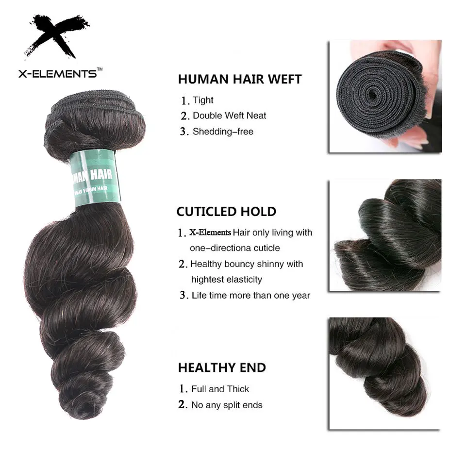 X Elements Hair 100% перуанские человеческие волосы 3 пучка с закрытием свободные