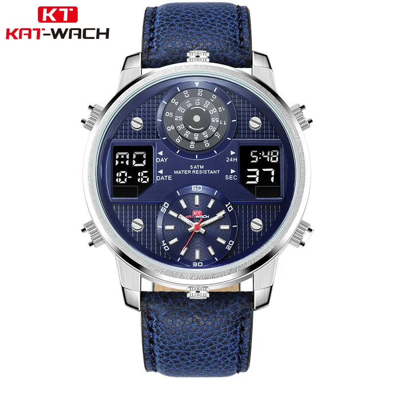 

KAT-WACH Business Men's Watches Chronograph Analogue Quartz Watch Men Date Dual Display Waterproof Leather Strap Wristwatch