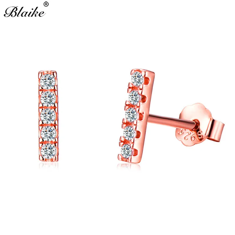 Blaike, розовое золото, заполненные/Настоящее 925 пробы, серебряные плоские серьги-гвоздики для женщин, маленькие прозрачные циркониевые Двойные серьги-гвоздики