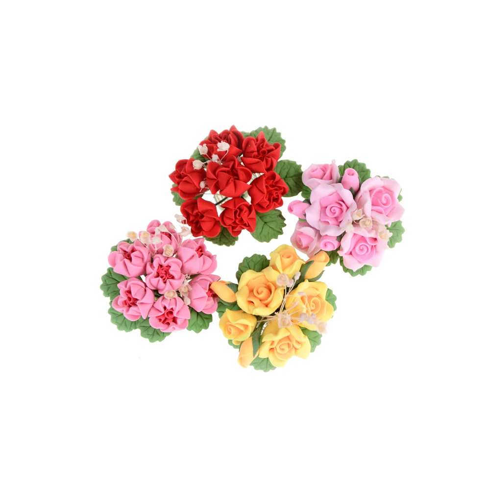 

New Arrival 1/12 Dollhouse Miniature Pink Clay Rose Flower with Vase