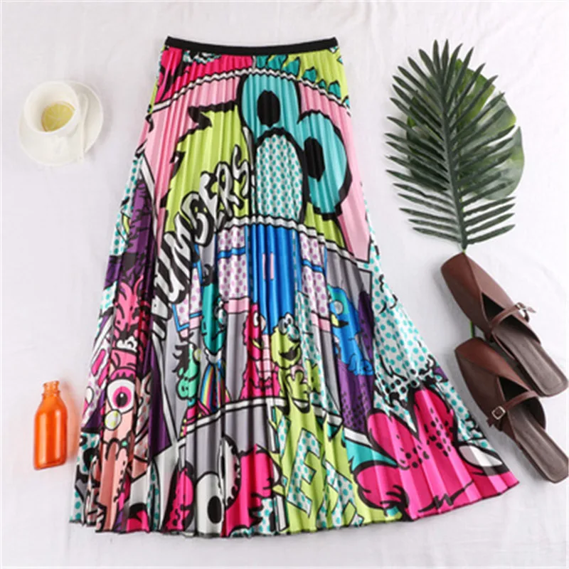 SSCE9985pink cartoon Летняя плиссированная юбка с высокой талией для женщин; коллекция года; Повседневная шифоновая юбка трапециевидной формы с принтом с героями мультфильмов; красивая танцевальная юбка с эластичной резинкой на талии для девочек - Цвет: SSCE9985pink cartoon