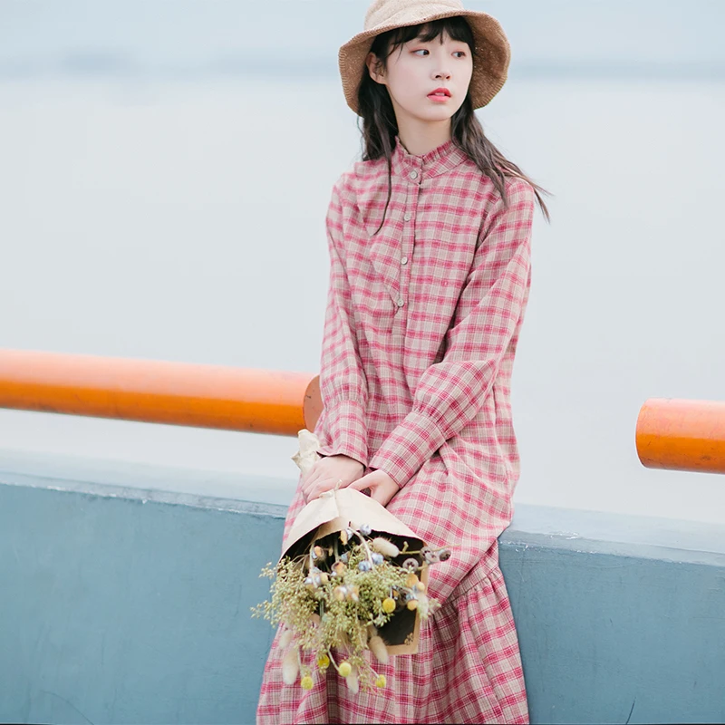 2018 осень Мори девушка плед платье миди Для женщин Повседневное свободные