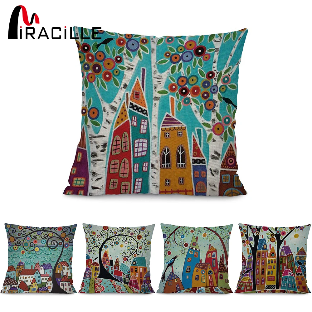 

Miracille Square 18" Abstract Building and Tree Printed Cartoon Sofa Throw Cushions Living Room Decorative Pillows No Filling