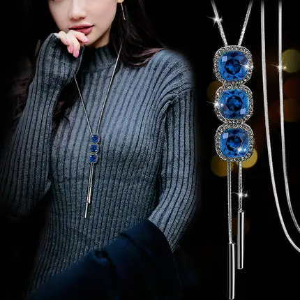 blue crystal Винтажный геометрический хрустальный кулон, ожерелье, элегантные цепочки для свитера с цветами и кисточками, OL длинное ожерелье, ювелирные изделия, женские аксессуары - Окраска металла: blue crystal