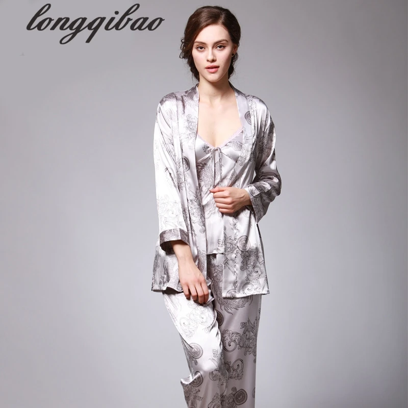 Пижама из искусственного шелка на весну и лето три костюма с принтом для