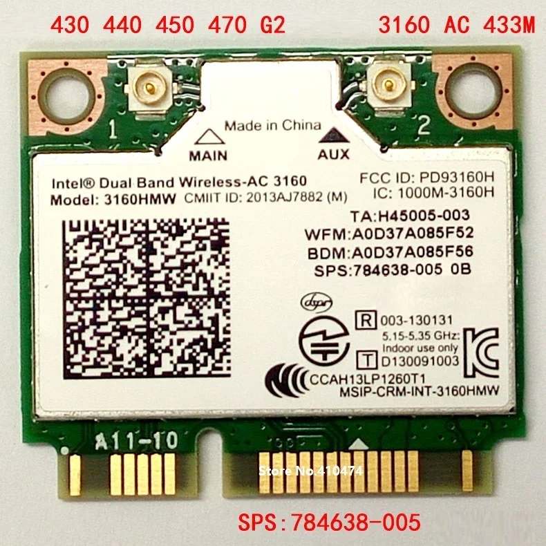 Intel   AC 3160 3160HMW Half Mini PCI-E Wi-Fi  Bluetooth 4, 0    HP SPS 784638-005