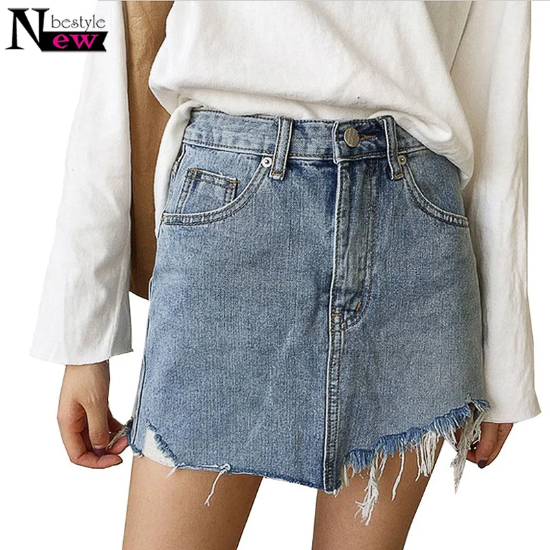 

2019 Summer Jeans Skirt Women High Waist Jupe Irregular Edges Denim Skirts Female Mini Saia Washed Faldas Casual Pencil Skirt