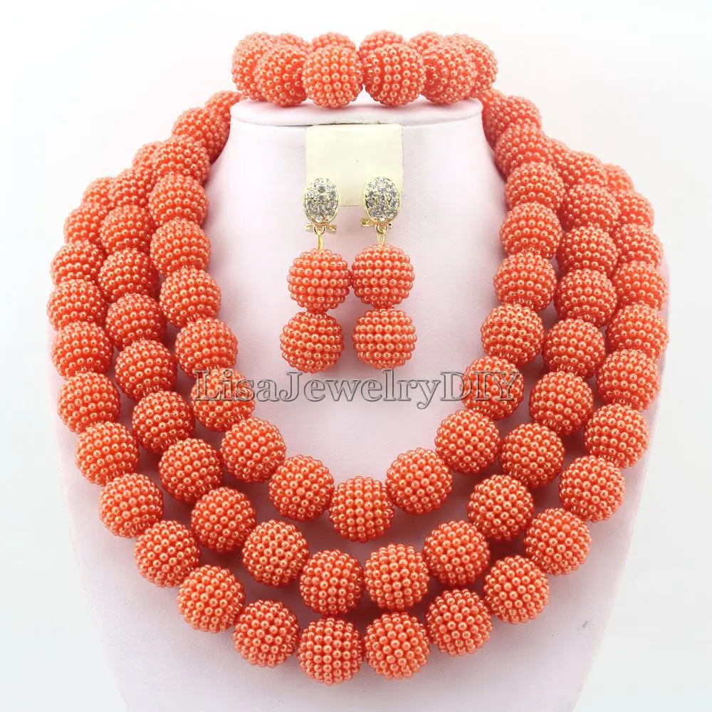 African Jewelry Beads Necklace Sets Orange Nigerian Wedding Bridal Indian Beads Jewelry Sets HD3273