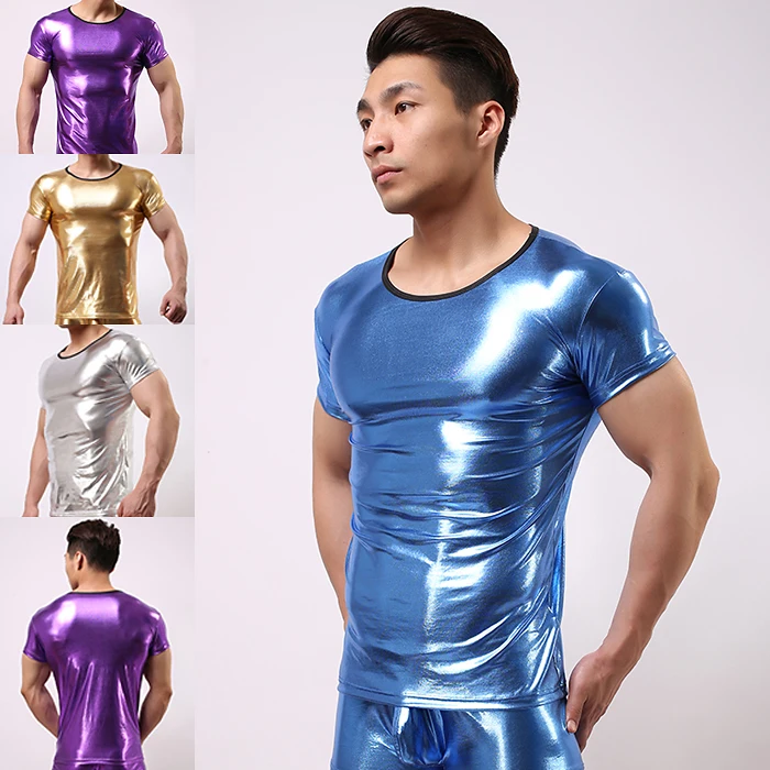 Мужские облегающие сценические футболки блестящие цветные сексуальные кожаные