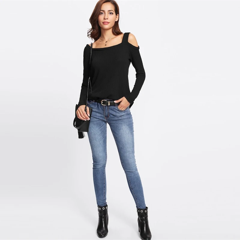 SHEIN Повседневный Топ С Открытым Плечом, Джемпер В Рубчик С Длинным Рукавом, Джемпер В Стиле Кэжуал