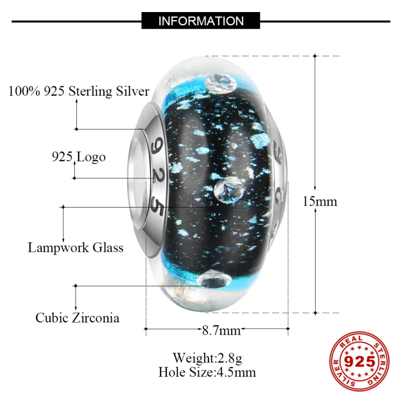5pcs/lot S925 Sterling Silver Core Black Blue Sands Lampwork Murano Glass Beads For European Charm Bracelets Necklaces DSG06 | Украшения и