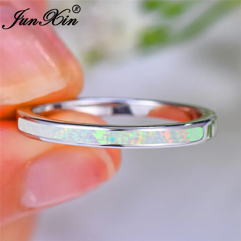White Opal Ring JUNXIN укладки Синий Белый огненный опал кольца для мужчин женщин минималистическое свадебное тонкое кольцо 925 серебряного цвета обручальное кольцо ювелирные изделия - Цвет основного камня: White Opal Ring