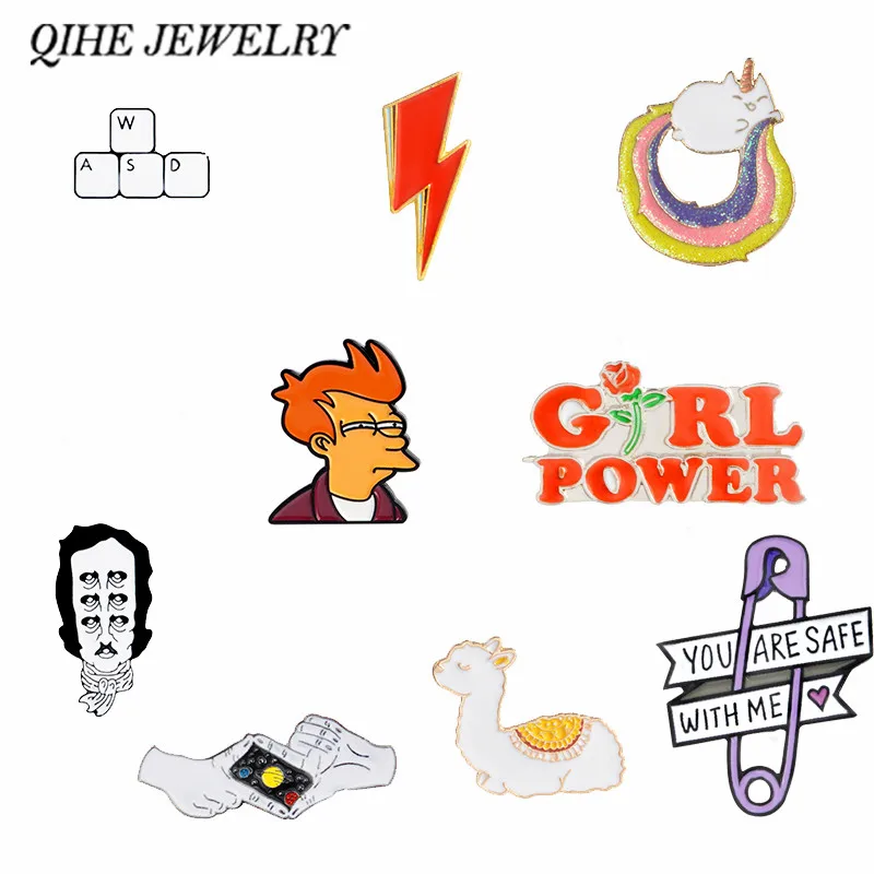 

QIHE JEWELRY Cartoon pins and brooches Keyboard,Galaxy,Girl Power,Frog,Llama,Animal Badges Lapel pin collection