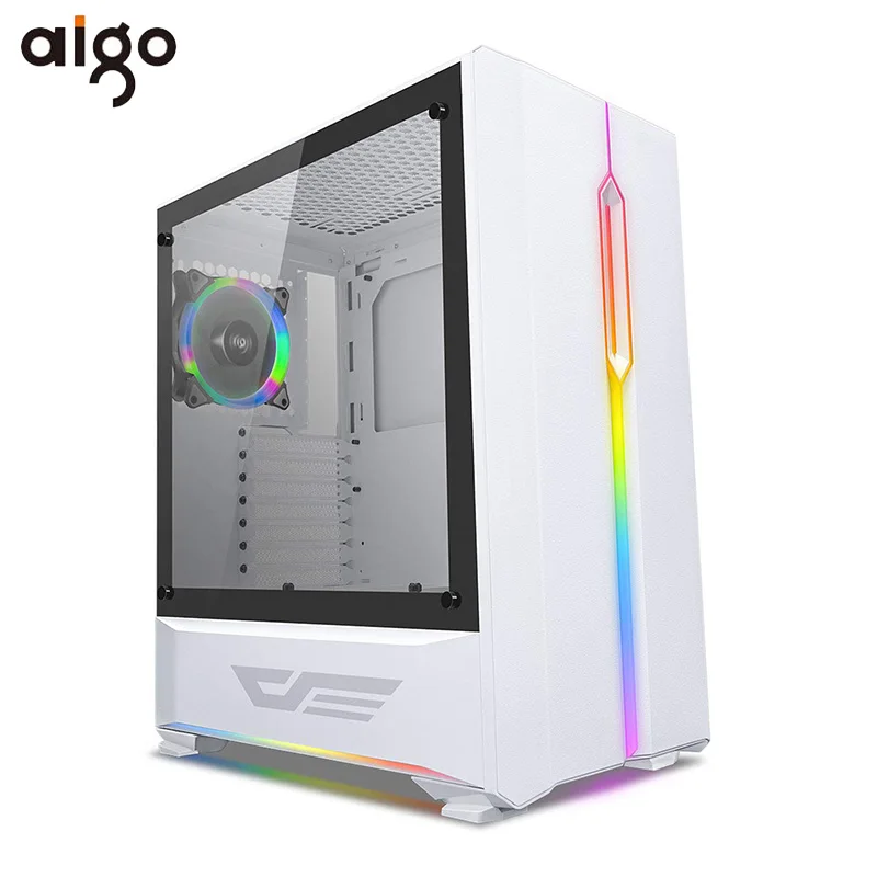 White Aigo игровой чехол ATX компьютер PC чехол s с 120 мм светодиодный Радужный веер настольный компьютер чехол шасси RGB светильник PC чехол закаленное стекло - Цвет: White