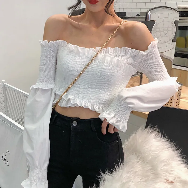 Женские осенние Blusas 2018 сексуальные с открытыми плечами черные хлопковые оборки