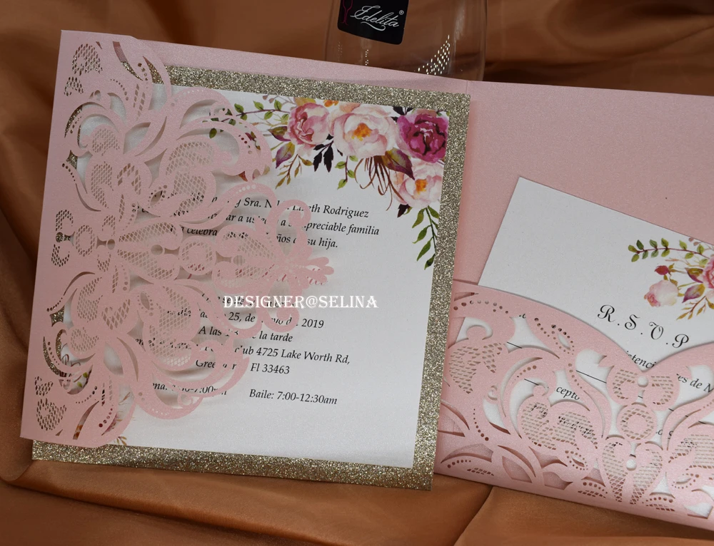 Румяна розового золота Блестящий Quinceanera приглашения с открытка RSVP лазерная резка
