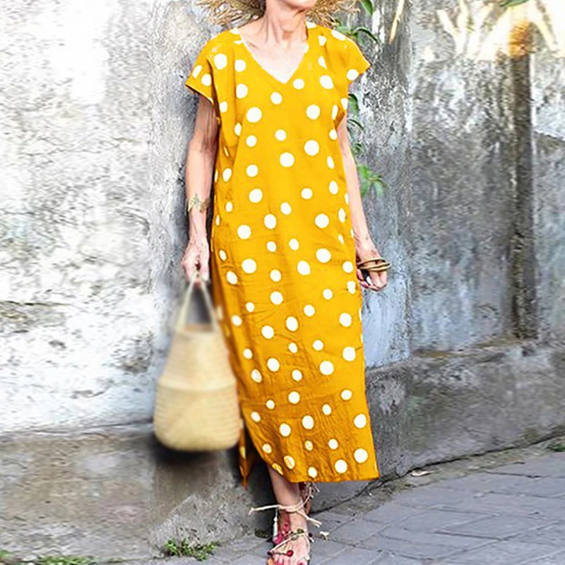 Женское платье с v образным вырезом и большим разрезом в горошек повседневные