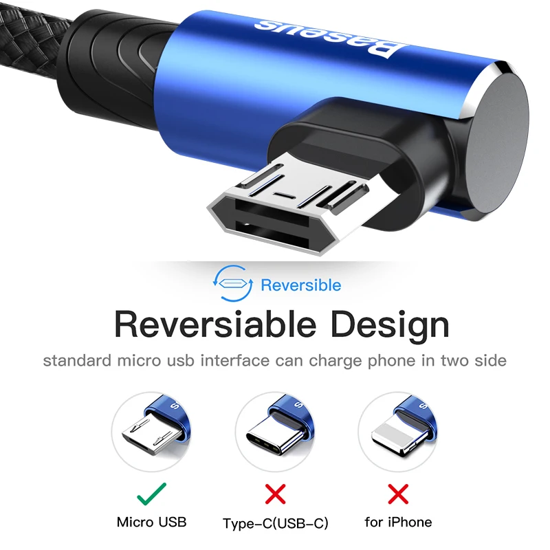 Baseus, Реверсивный кабель Micro USB, быстрая зарядка, зарядное устройство, микро Провод, Кабель Microusb для samsung, Xiaomi, Android, кабели для мобильных телефонов