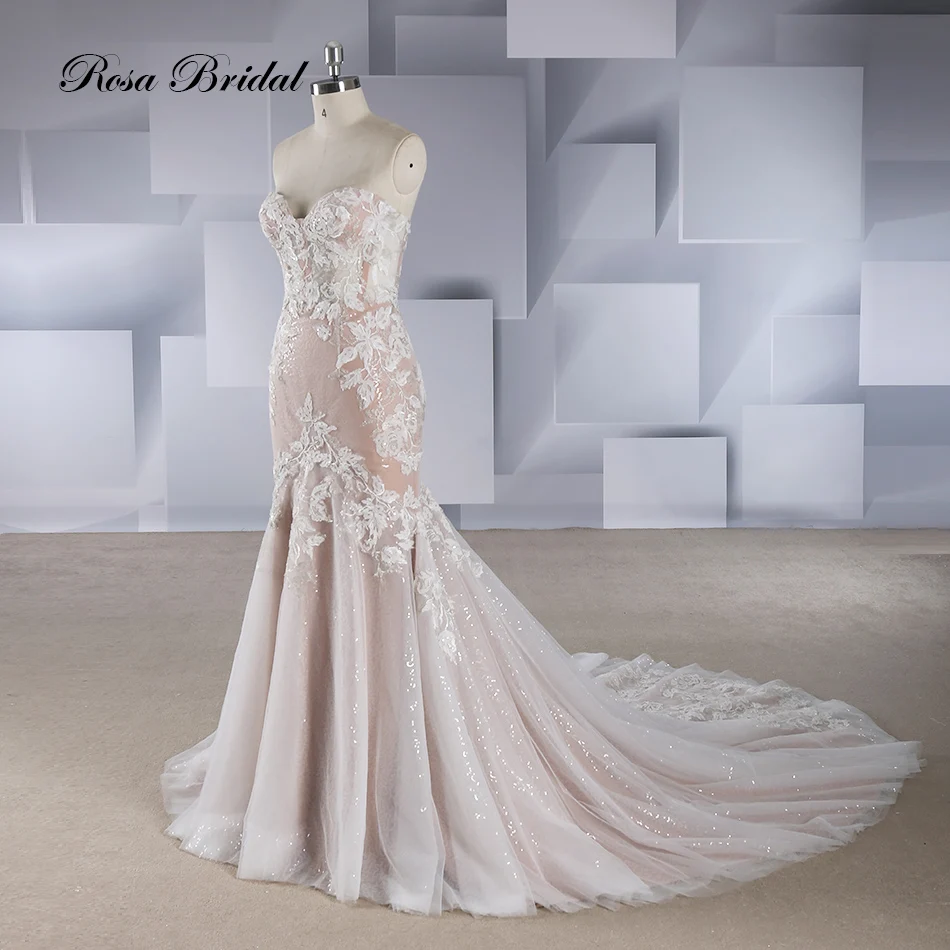 Rosabridal Mermaid wedding dress 2018 Vestido de novia wholesale strapless boning bodice appliques over gray tulle with tail | Свадьбы и