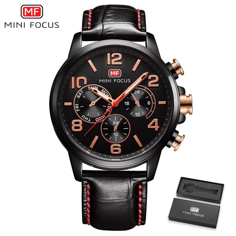 Leather Black Бренд MINI FOCUS, мужские часы, повседневные, водонепроницаемые, модные, из нержавеющей стали, с сетчатым ремешком, кварцевые часы для мужчин, Роскошные, повседневные, наручные часы - Цвет: Leather Black