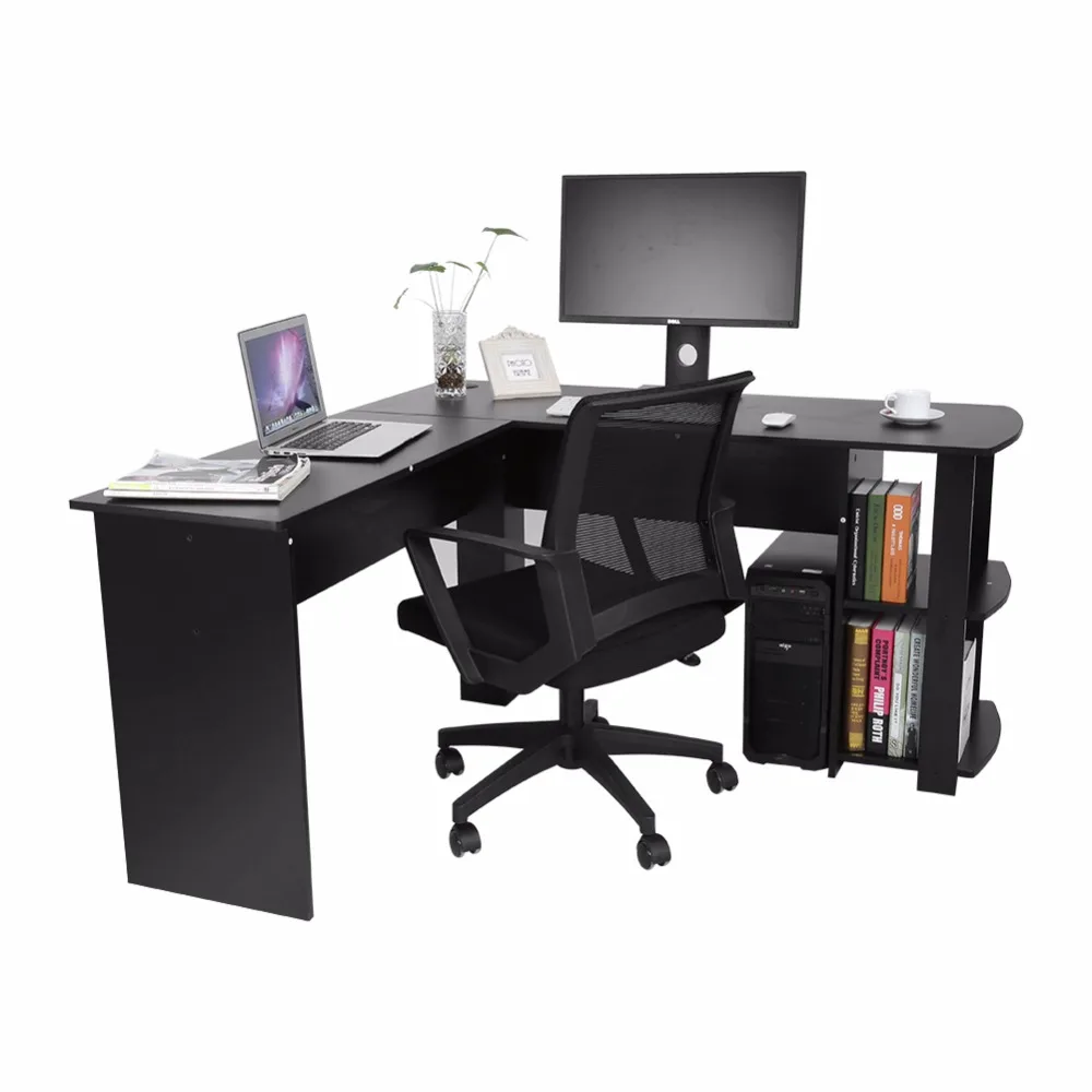 

Utility Wooden Corner Table Dual Tabletop Office Computer Writing Desk Home Gaming PC Furnitur