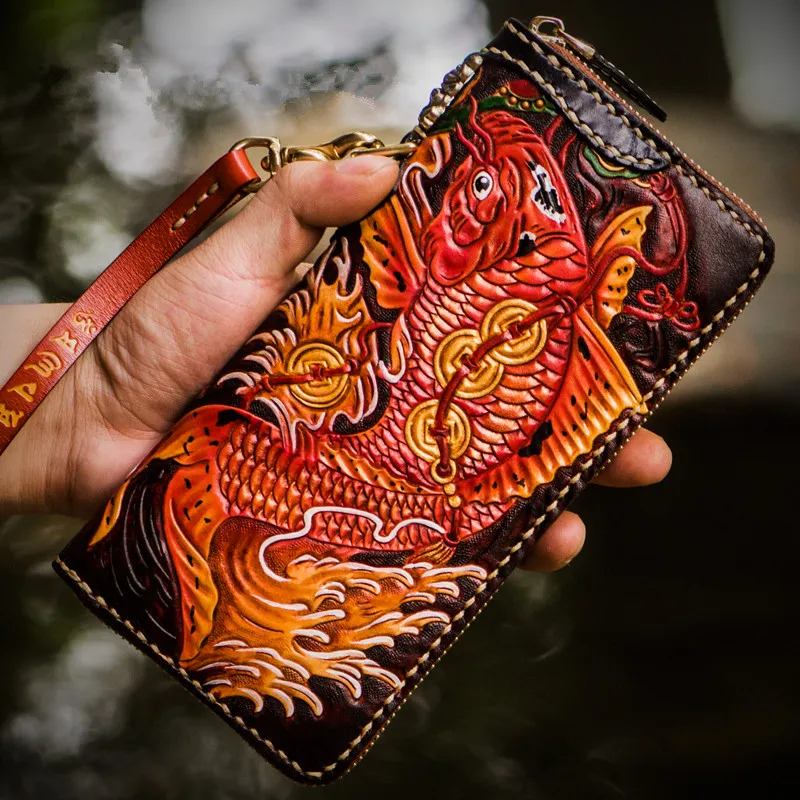 Handmade Genuine Leather Wallets Chinese Carving Carp Bag Purses Women Men Clutch Vegetable Tanned Leather Wallet Christmas Gif