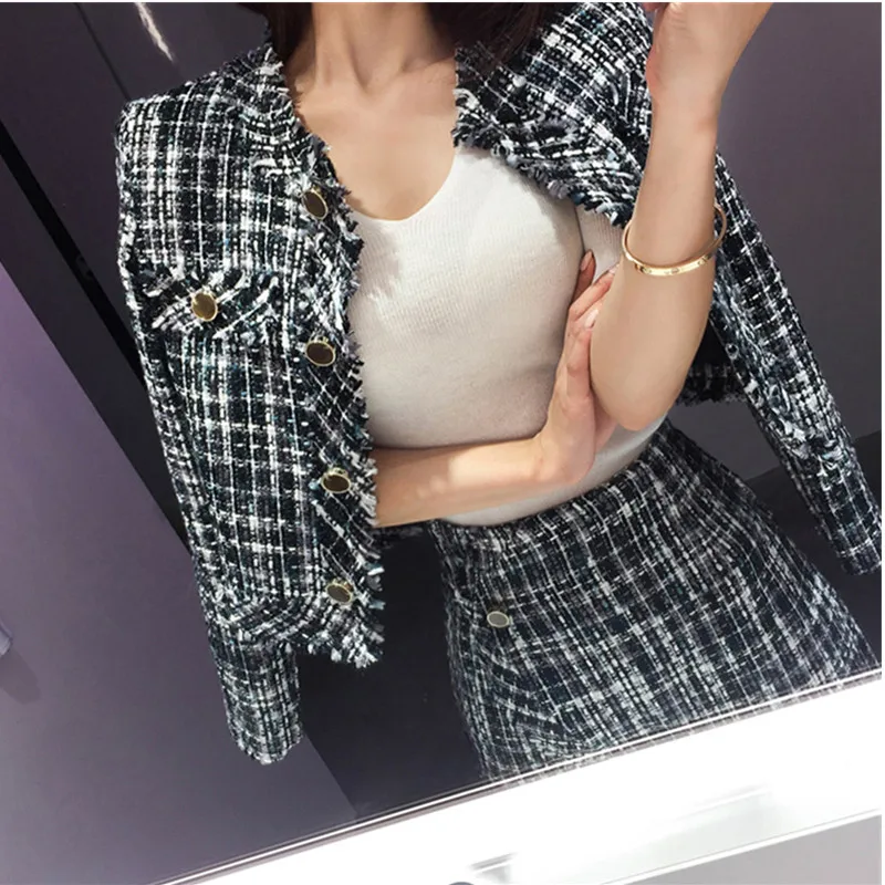 Корейский стиль твидовая шерсть комплект из 2 предметов 2018 Осень Зима Женский