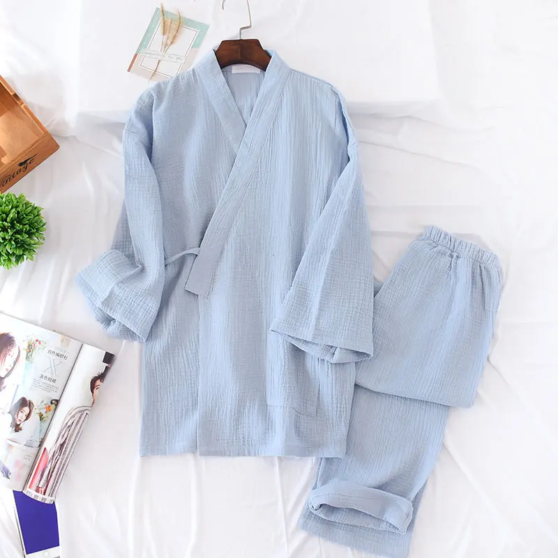 100% Cotton Crepe Men's and Women's Kimono Pajamas Long sleeved V Neck Pyjamas Women Suit Solid Plus Size Pijama Mujer|Комплекты