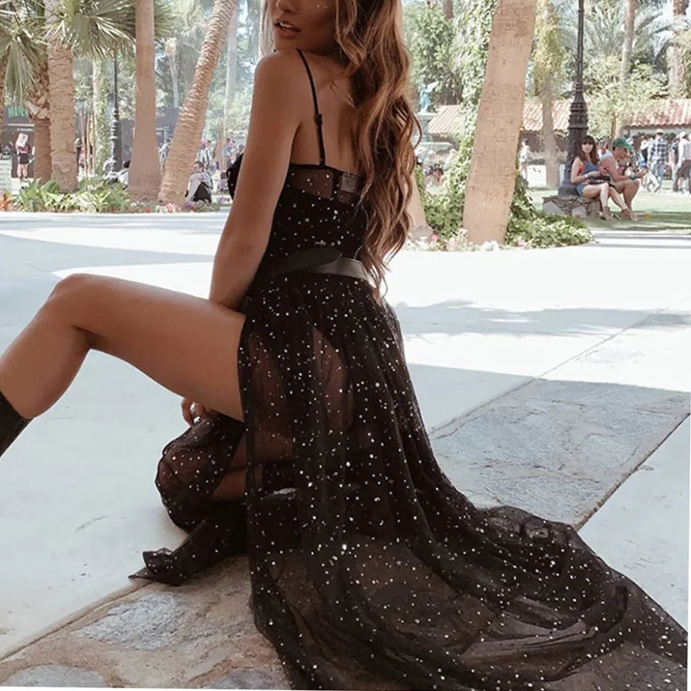 Feitong Fashion Womens Stars Mesh Backless Sleeveless Strap V-Neck Sexy Long Dress Sundress Female Vestidos | Женская одежда