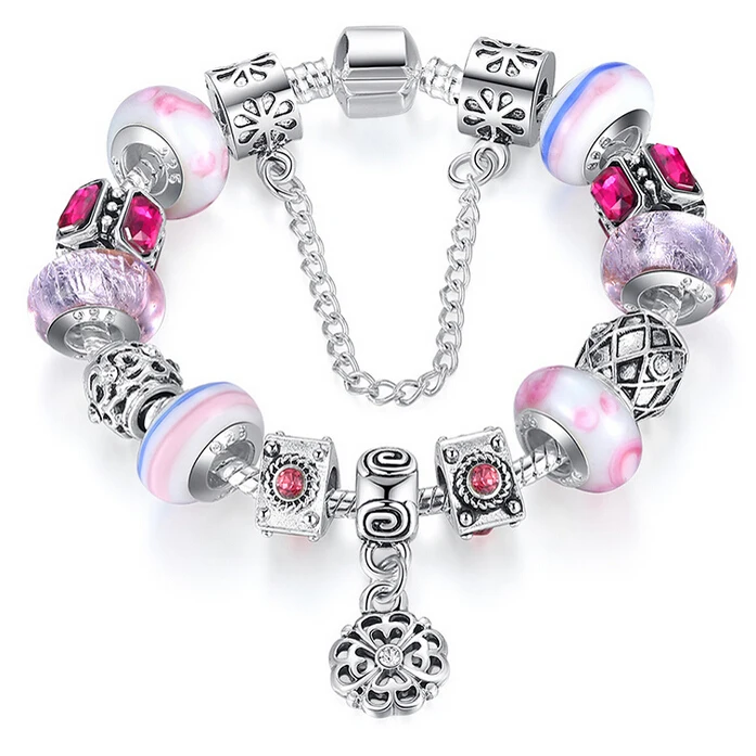 Free Shipping Women 925 Silver Crystal Beads Glass Bead Charm Fit Pandora Bracelet Flower Round Pendant Safety Chain Stopper | Украшения и