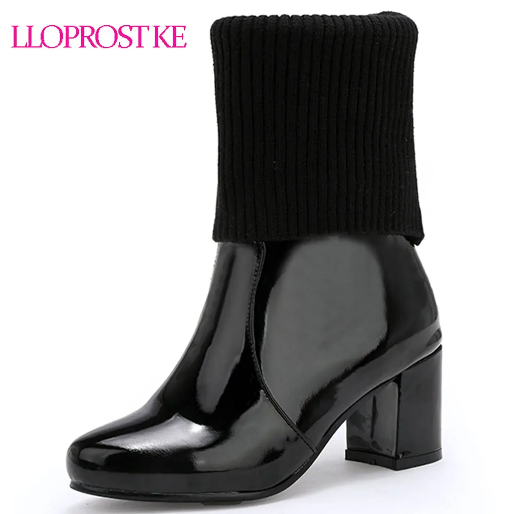 

Lloprost ke Ankle Boots Chunky High Heels Women Fashion Patent Leather Boots Black White Red Female Shoe Sexy Women Pumps D608