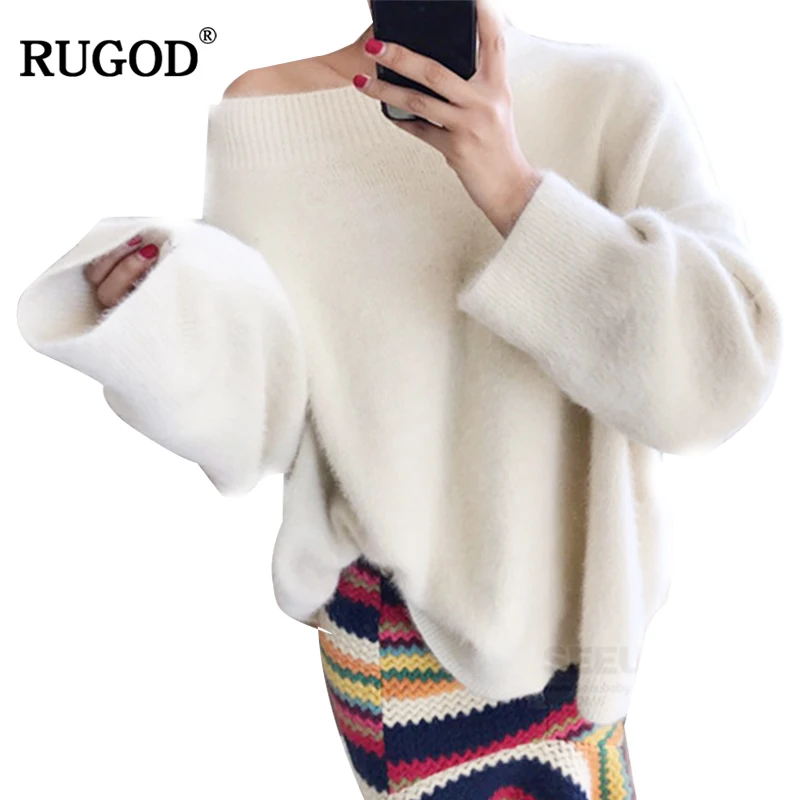 RUGOD 2019 Autumn and winter New White Pink Oversize Loose Slash Neck Hight Street style women sweater Pullovers korean | Женская одежда