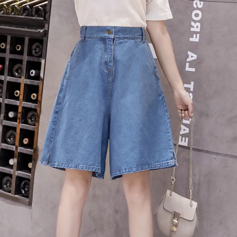 

Women Knee Length Summer Ulzzang Commuting Loose Light Color Denim Shorts Female Harajuku Bf High Waist Wide Leg Korean Casual