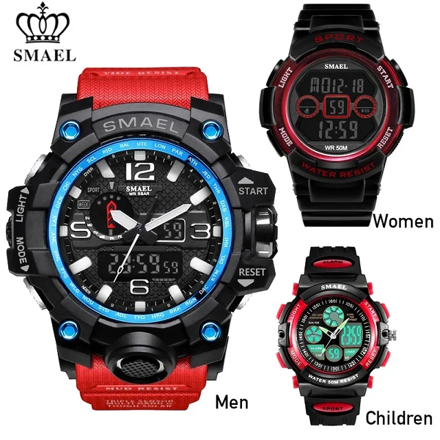 Red Black Red SMAEL, Семейный комплект, спортивные часы, мужские, модные, роскошные, семейная посылка, часы, Повседневный, водонепроницаемый, светодиодный, цифровой, кварцевые, мужские, женские, наручные часы - Цвет: Red Black Red