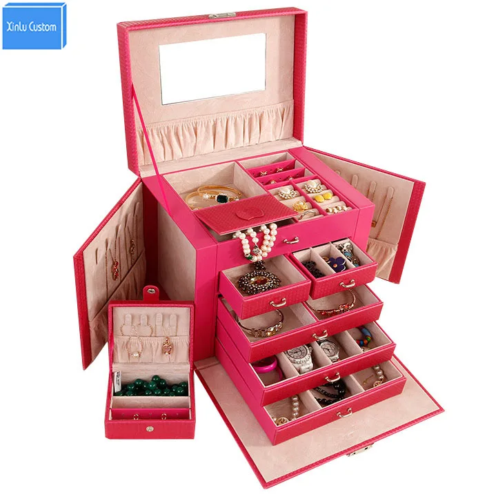 

Wholesale/Retail 5 Drawer Multifunctional Black/Pink Leatehr Big Luxury Women Makeup Train Case Beauty Box Jewelry/Watch Box