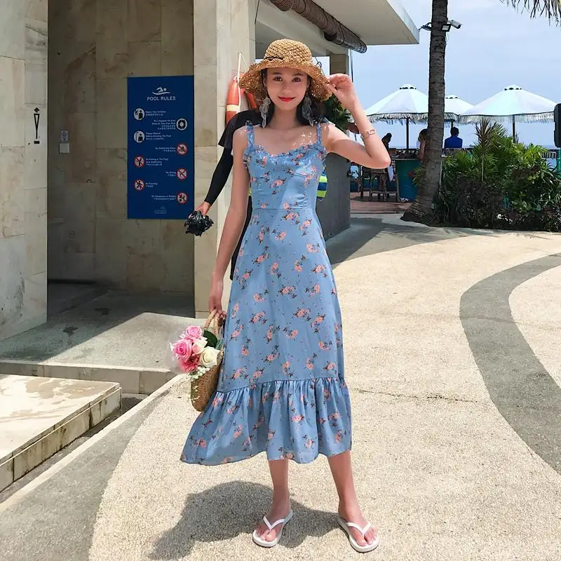 New Summer Vintage Dresses Romantic Floral Printed Vestidos Sleeveless Long Beach Dress Blue Spaghetti Strap vestidos de festa | Женская